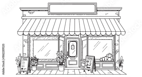 Sketch of a storefront with awning and display windows isolated on transparent background