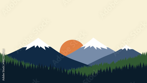 Serene mountain landscape at sunrise with trees and snow-capped peaks