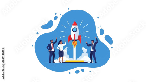 Team celebrating successful product launch with rocket illustration