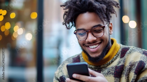 man smiling next to his cell phone generative ai