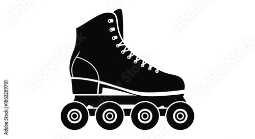 A simple black and white illustration depicts a single roller skate showcasing its design and wheels