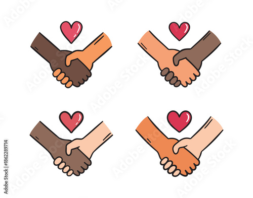 Hand drawn multiracial hands holding showing diversity unity support love