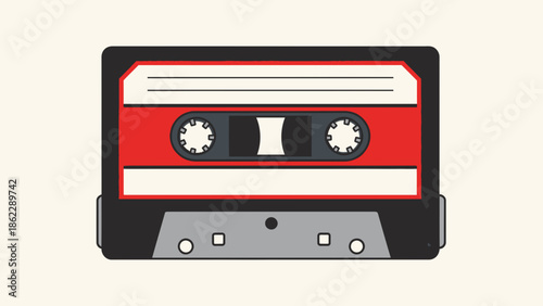 A red cassette tape illustration on a plain background viewed from the front