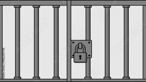Locked prison gate with barred fence viewed from outside in grayscale illustration