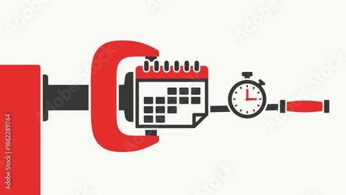 A giant mechanical hand holding a calendar and a stopwatch