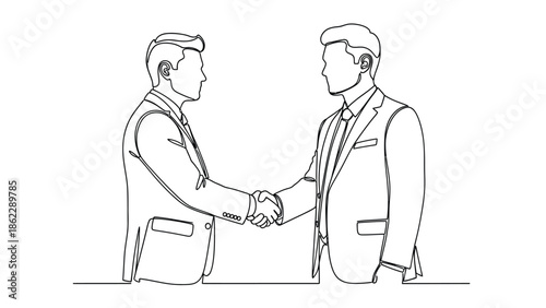 A single continuous line drawing depicting two businessmen in suits shaking hands signaling a successful agreement