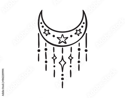 Decorative moon with pendants, monochrome line art hand drawn style
