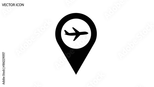 Outline Airplane Location Pin Icon on Isolated White Background, Simple Travel Navigation Symbol
