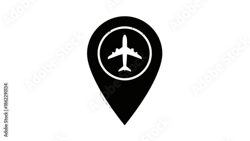 Black map pointer icon with airplane symbol, indicating travel destination or airport location on isolated white background