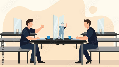 Two men are seated at a table with protective barriers between them symbolizing new social distancing norms during a meal