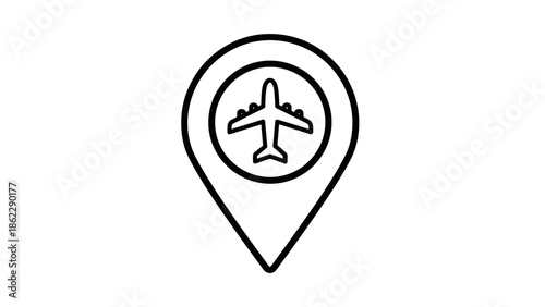Outline Airplane Map Pointer Icon on Isolated White Background, Travel Destination Location Symbol