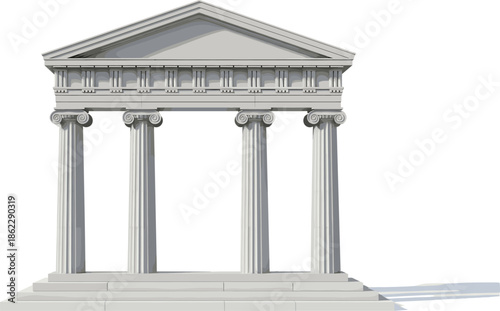 Flat vector illustration of a classical ancient Greek temple with marble ionic columns and a pediment isolated on a white background.