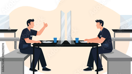 Two men are seated at a table in a minimalist setting seemingly engaged in conversation and a meal