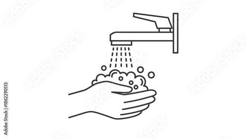 A simple line drawing illustrates hands being washed under a faucet with flowing water and bubbles promoting hygiene