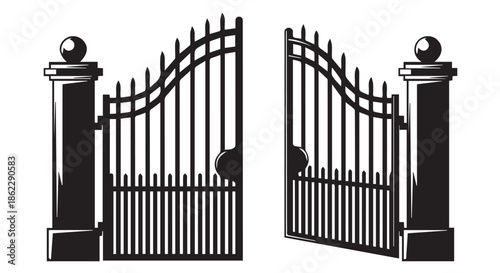 Open ornate wrought iron gate with decorative posts isolated on transparent background