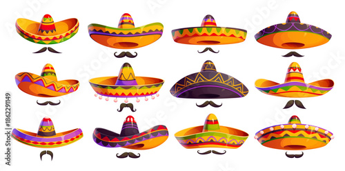 Cartoon Mexican sombrero hats decorated with stripes, zigzag patterns and pom poms, and moustaches. Cinco de Mayo, Mexican holiday party and festival vector decorations