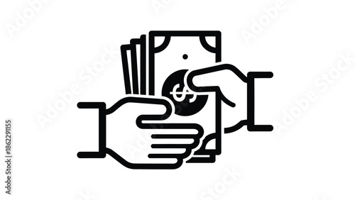 A simple black and white illustration depicts a hand giving money to another hand symbolizing financial exchange or payment