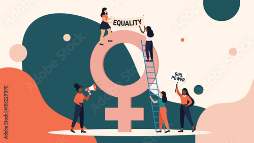 A vibrant illustration depicts women advocating for equality standing on structures near a large female symbol promoting empowerment