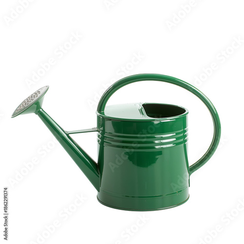 Green Watering Can Sits on a White Background Ready for Use in Gardening or P...