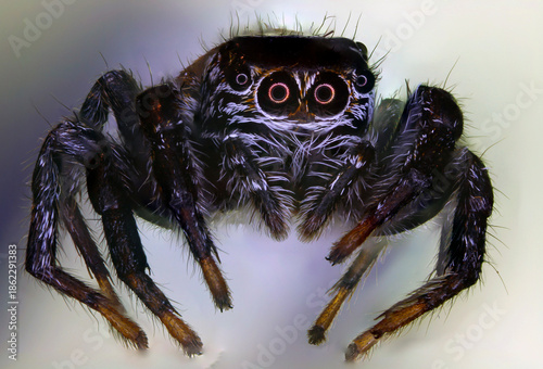 portrait of the Himalayan jumping spider on a light background. extreme close-up. colorful macro photo of an insect. kind eyes of a spider.