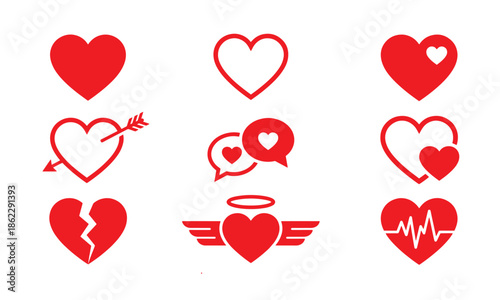 Collection of nine red heart icons and symbols representing love, romance, and relationships, including broken heart, winged heart, and heart with arrow