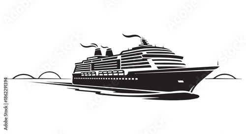Large cruise ship sailing on the water with smoke from chimneys isolated on transparent background