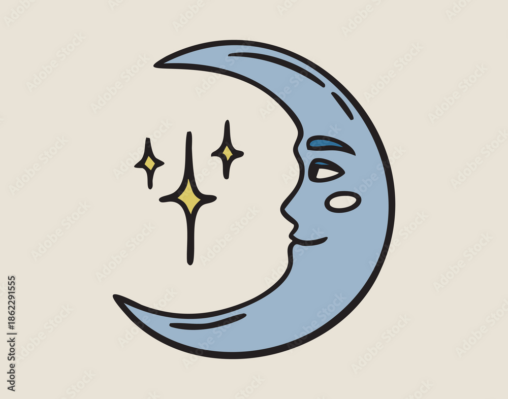 Fototapeta premium Moon in profile artistic face, boho mystical witchy hand drawn style