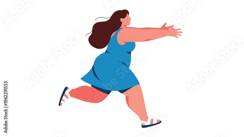 A vibrant illustration depicting a curvy woman joyfully running with outstretched arms showcasing body positivity and active lifestyle