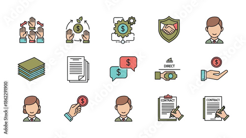 A collection of colorful business icons depicting finance legal agreements teamwork and professional interactions in a flat design style
