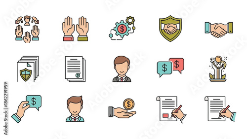 A collection of colorful icons depicting business concepts like finance teamwork agreements and successful transactions clearly visualized