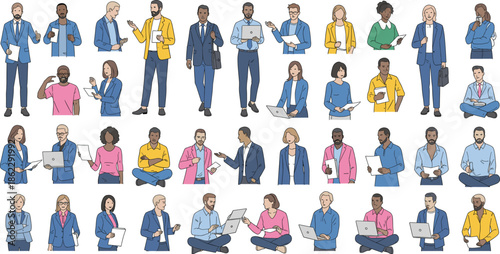 Diverse business professionals and office workers character vector set with people in suits using laptops and tablets