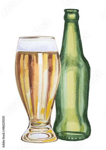 A glass of beer and bottle watercolor illustration.