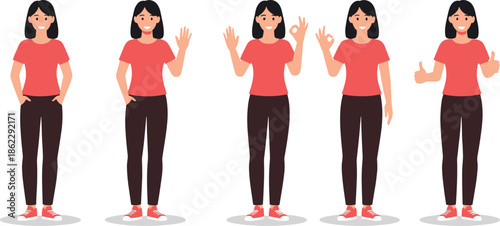 Young woman character vector set showing various hand gestures like waving okay sign and thumbs up
