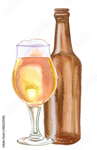 Photography A glass of beer and bottle watercolor illustration.