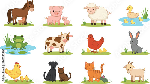 Cute farm and domestic animals set with horse pig sheep cow chicken duck and cat vectors
