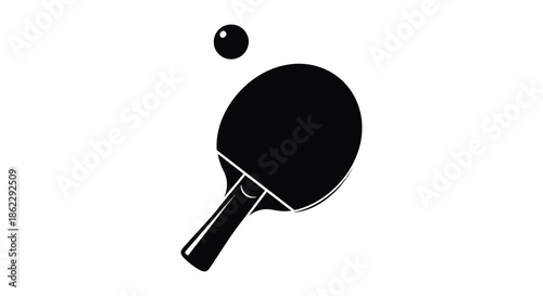 A simple black and white illustration depicts a ping pong paddle and a small ball above it