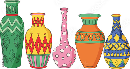 Colorful decorative ceramic vase vector set with traditional ethnic patterns for home interior design and decoration