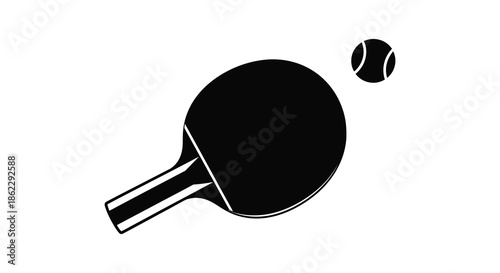 A striking black and white illustration depicts a ping pong paddle and ball symbolizing the sport