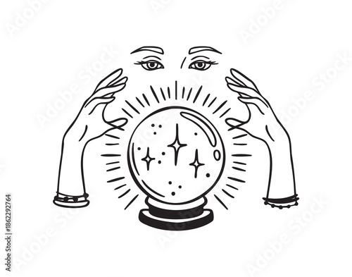 Fortune teller holding crystal ball in hands, monochrome line art hand drawn style