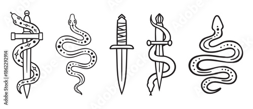 Swords and snakes set, coiling serpents and blades, monochrome line art hand drawn style