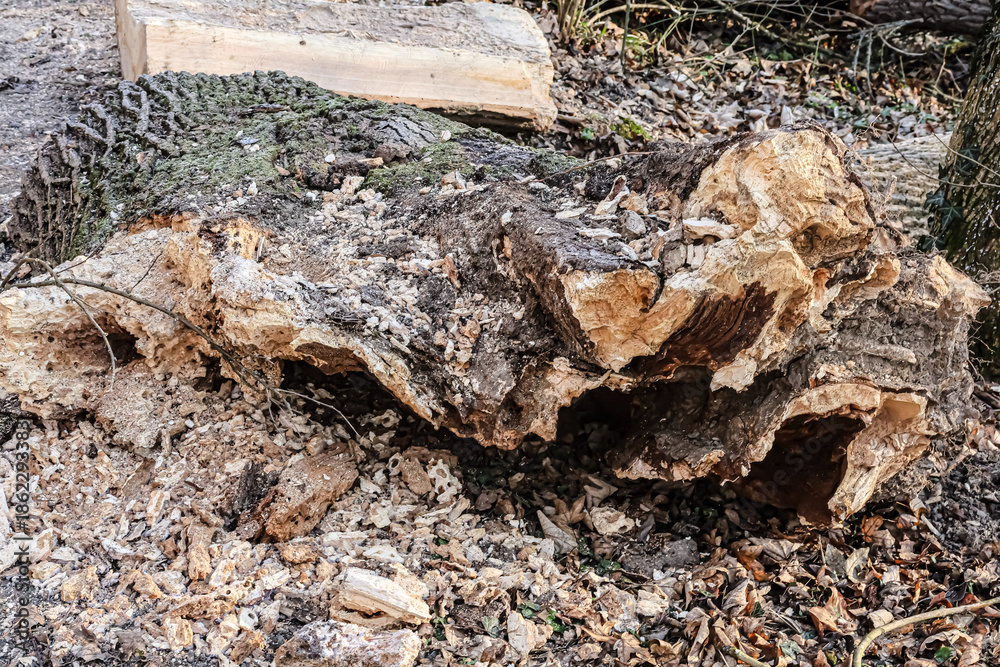 Fototapeta premium Decaying fallen tree trunk with hollowed-out interior and rough bark texture