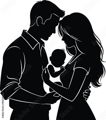 Happy family silhouette illustration showing loving parents holding newborn baby tenderness care parenthood isolated black vector art minimal modern design