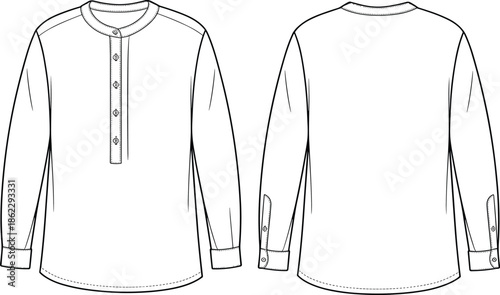 Cad drawing flat vector illustration, men’s long sleeve henley shirt, button placket, cuff buttons, casual basic top design, fashion template