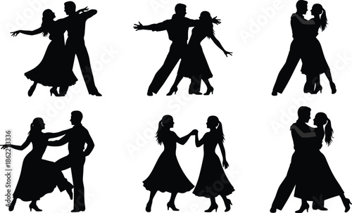 Romantic dancing couple silhouette set showing ballroom poses love movement elegance passion isolated black vector illustration collection