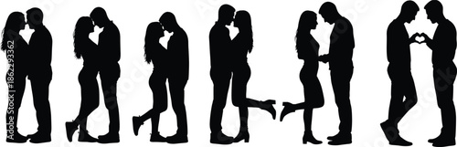 Romantic couple silhouette collection showing love poses hugging kissing and heart gesture isolated black vector illustration set