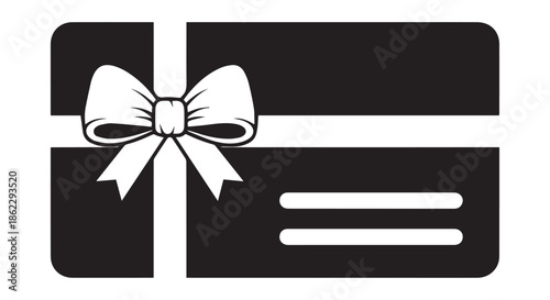 Black and white gift card with ribbon and bow, isolated on transparent background