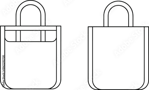 CAD drawing flat vector illustration, minimal tote bag front and back view, fashion accessory design, handbag template for mockup.