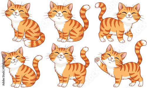 Cute ginger tabby cat character vector set with happy smiling sitting and waving poses