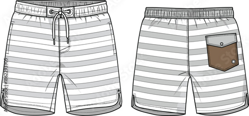 cad drawing flat vector illustration, mens striped board shorts technical fashion sketch, front and back view design template