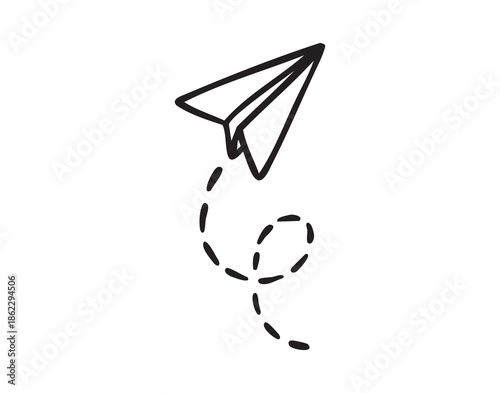 Paper plane with trail, line art planner sticker, outline contour, monochrome school doodle, hand drawn